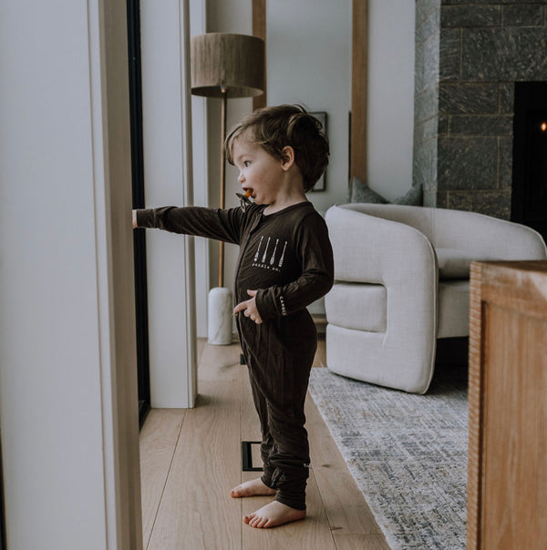 Baby / Kids 2-way zip Bamboo Romper -walnut brown with black zipper -Paddle your own canoe