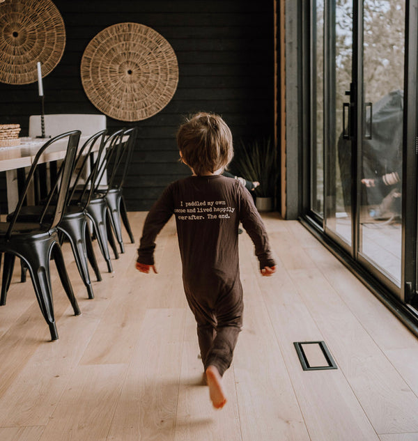 Baby / Kids 2-way zip Bamboo Romper -walnut brown with black zipper -Paddle your own canoe