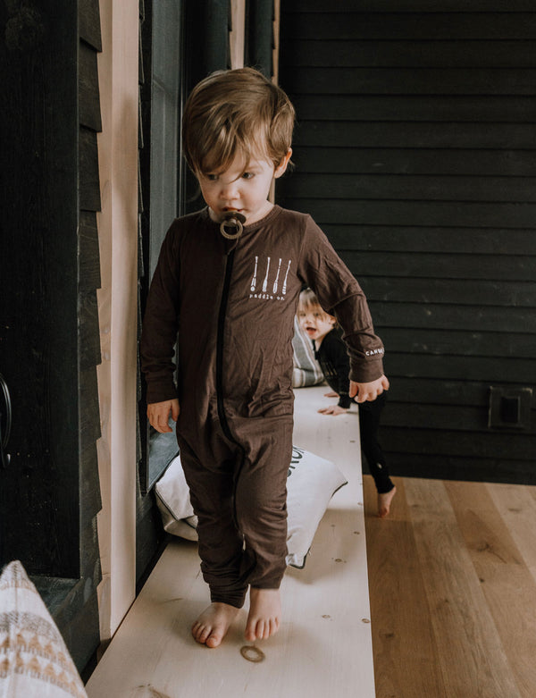 Baby / Kids 2-way zip Bamboo Romper -walnut brown with black zipper -Paddle your own canoe