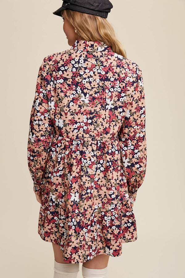 Navy & Pink Floral Tiered Shirt Dress