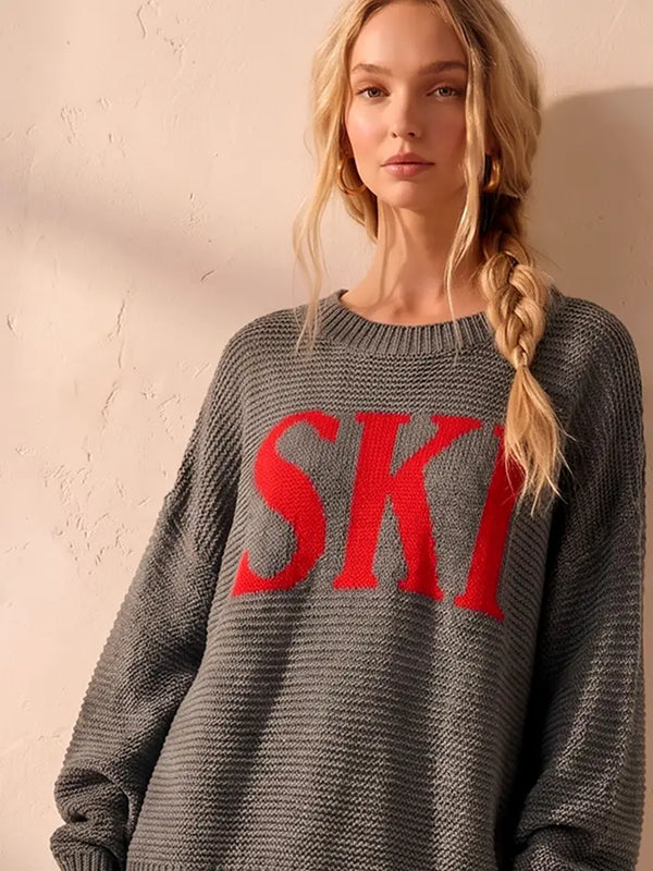 SKI Knit Sweater - Grey / Red Lettering