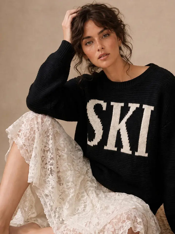 SKI Knit Sweater - Black / White Lettering
