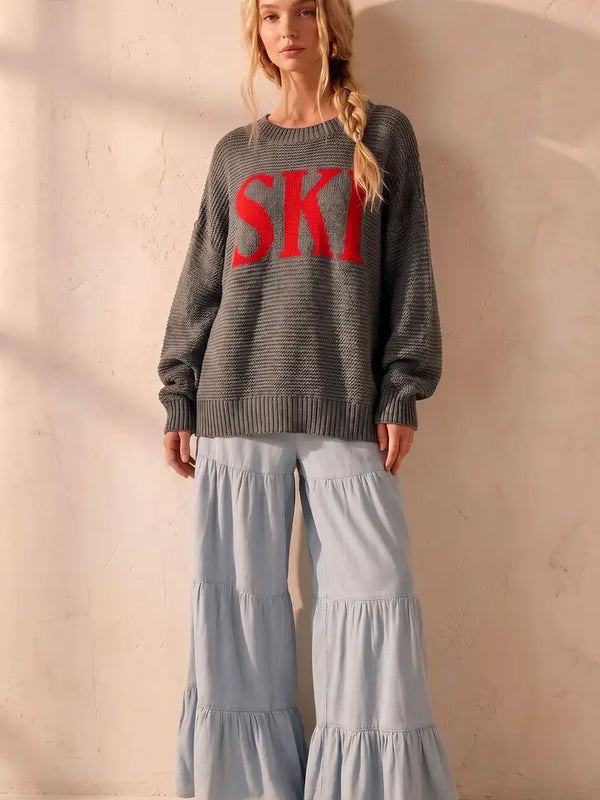SKI Knit Sweater - Grey / Red Lettering