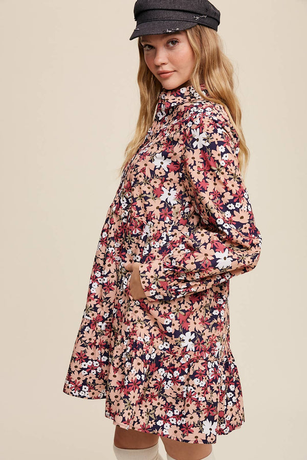 Navy & Pink Floral Tiered Shirt Dress