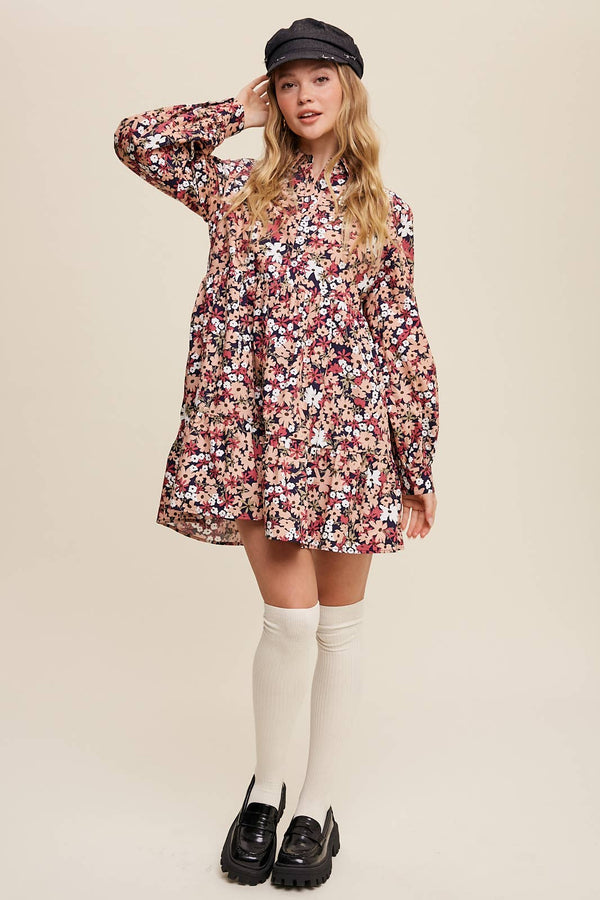 Navy & Pink Floral Tiered Shirt Dress