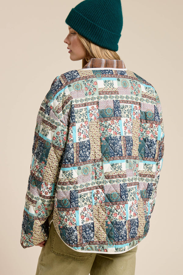 Floral Patchwork Quilted Jacket with Pockets