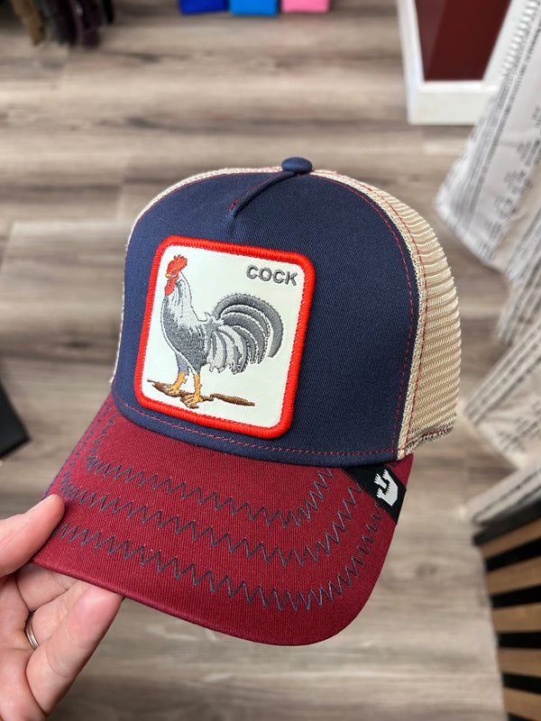 Goorin Bros - Cock (Rooster) Blue front, Red brim, ivory mesh back