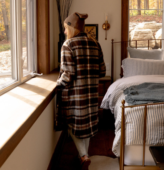 The FLANNEL Lake Shacket - Brown & Cream with Mustard Stripe Plaid