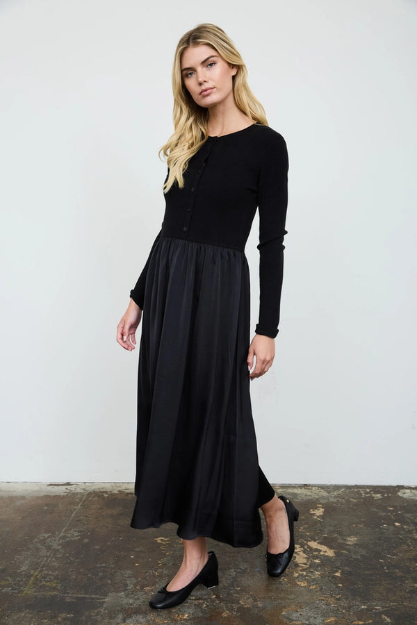 Midi Dress - Knit top & satin bottom - Black