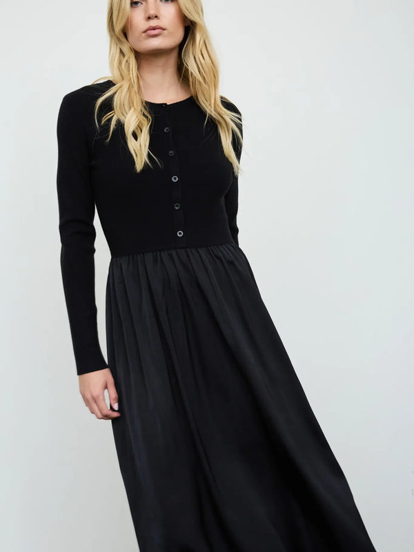 Midi Dress - Knit top & satin bottom - Black