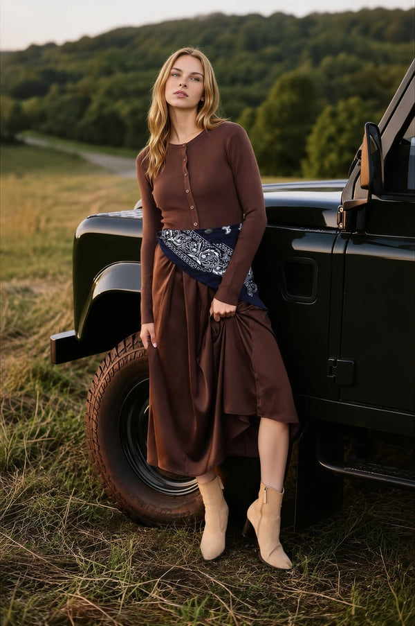 Midi Dress - Knit top & satin bottom - Brown
