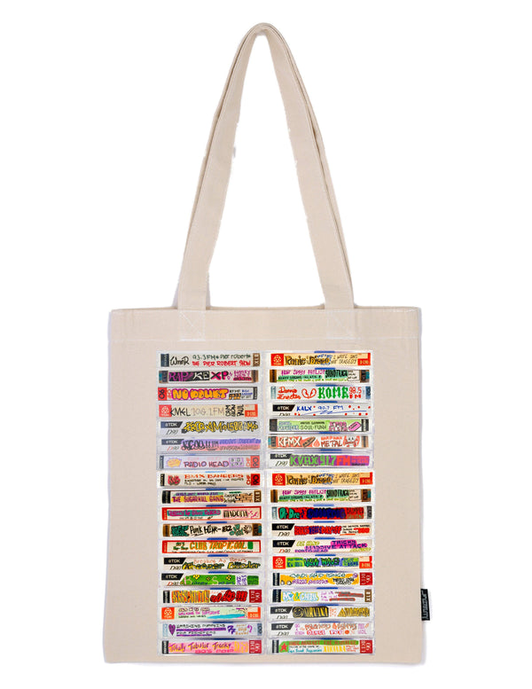 Cassette Stack Tote Bag | Recycled Eco Retro 80s Music Print