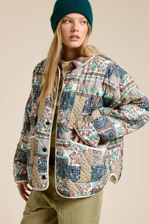 Floral Patchwork Quilted Jacket with Pockets