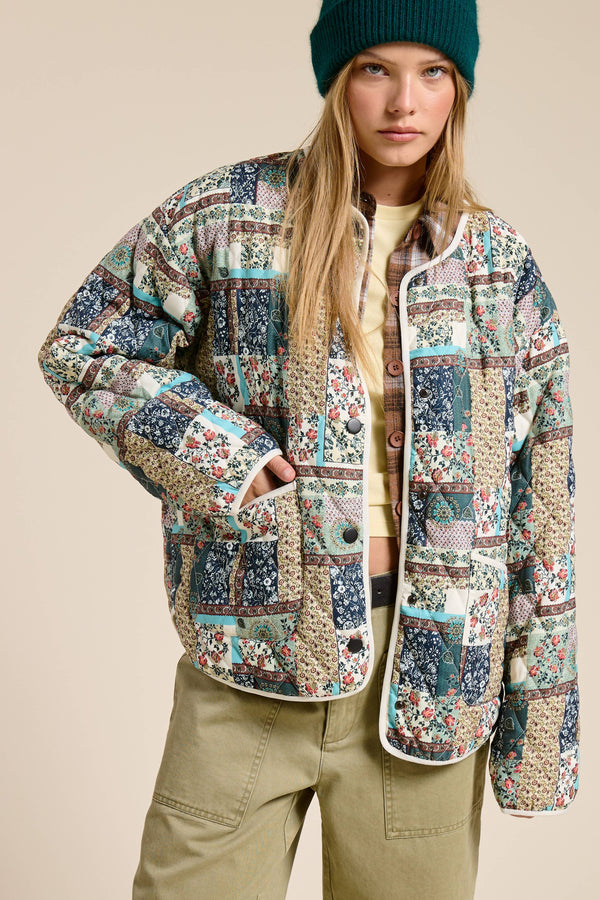 Floral Patchwork Quilted Jacket with Pockets