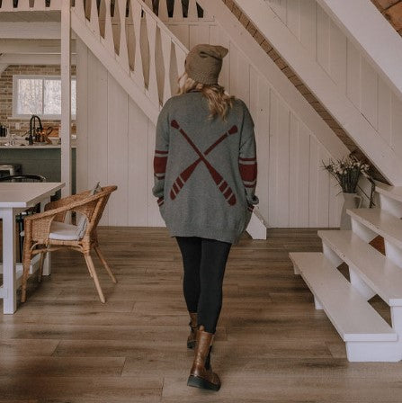 Dockside Knit Cardi - Grey with Burgundy paddles